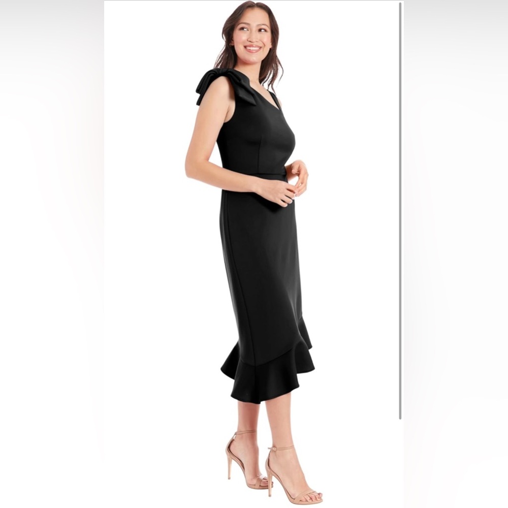 London Times One-Shoulder Ruffle Midi Fit and Flare Bow Wedding Guest Dress